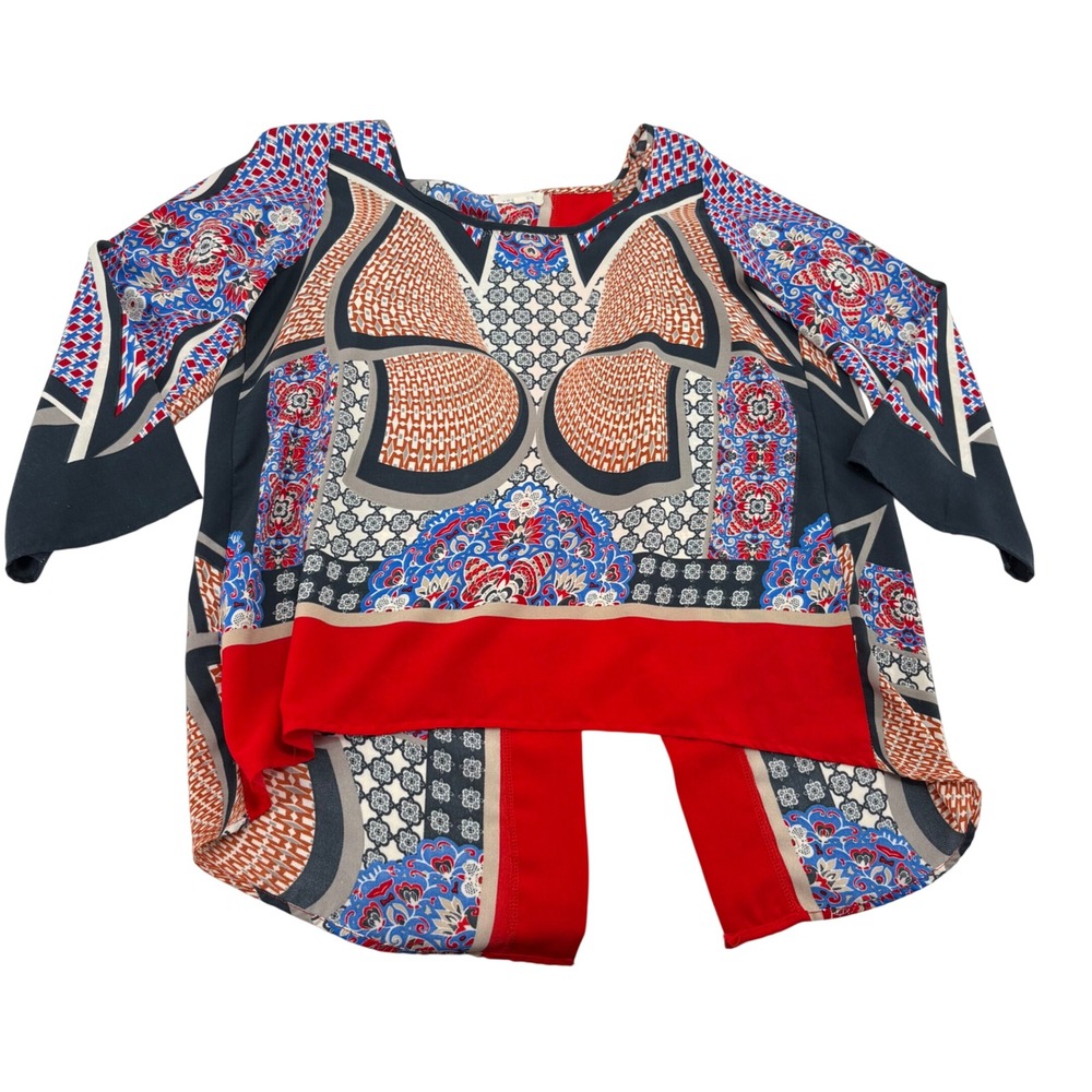 Vestique Womens Large Multi Color Geometric Floral Split Back 3/4 Sleeve Blouse